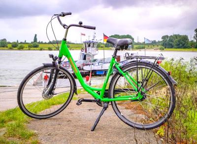 Grünes Fahrrad steht am Rhein