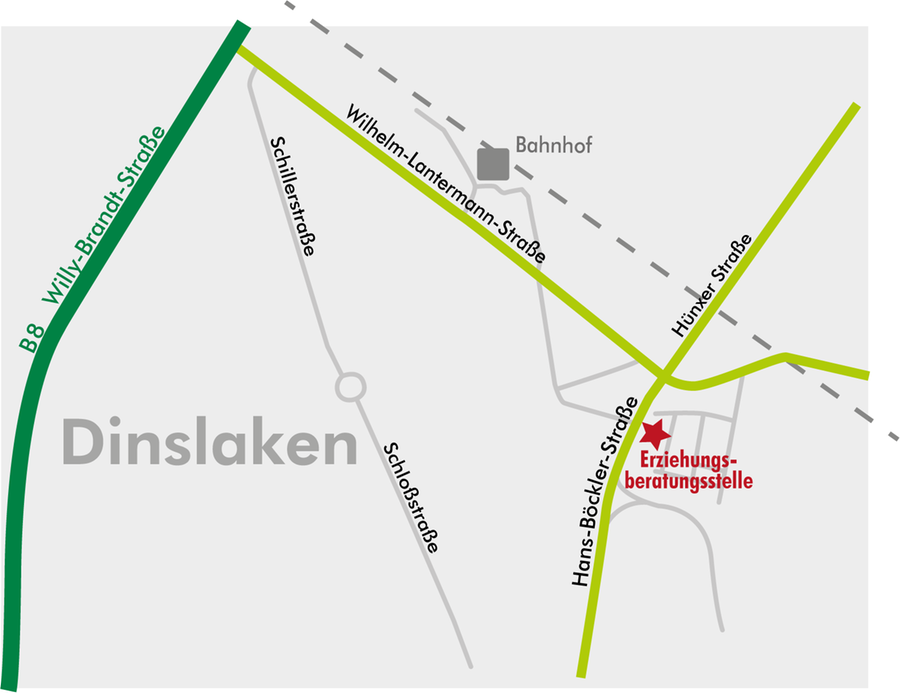 Anfahrtsskizze mit Darstellung der Dienststelle EB des Kreises Wesel in Dinslaken